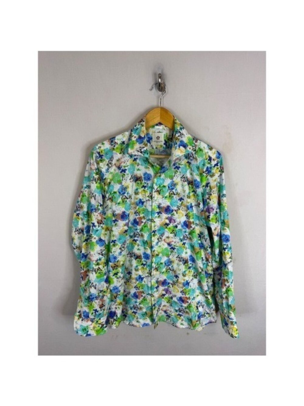 Altemflower Italy Mens Floral Butterfly Print Button Down Shirt Blue Green 40